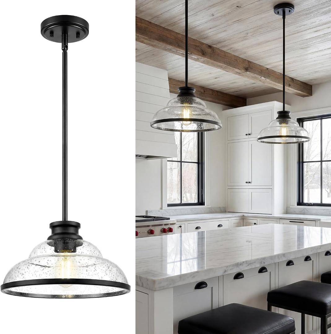 kudos Pendant Lights Kitchen Island, 11" Black Pendant Lights with Seeded Glass Shade, Farmhouse Large Pendant Light fixtures for Kitchen Sink Dining Room Hallways, KDPL14-BK