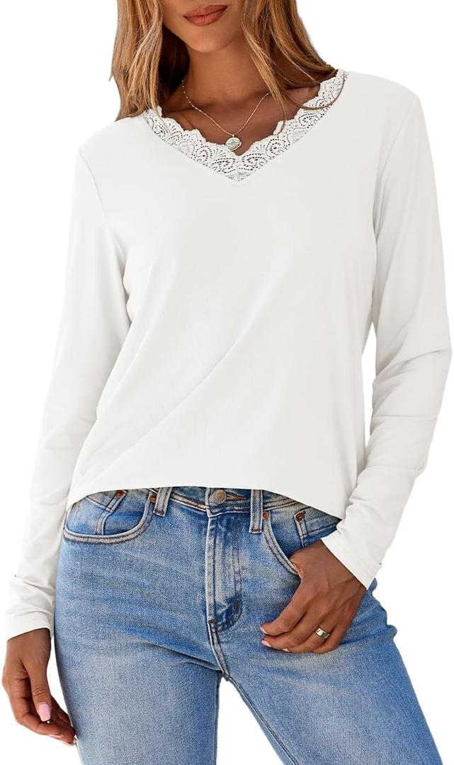 Dokotoo T Shirts for Women Casual Long Sleeve V Neck Lace Trim Tops Lightweight Solid Color Basic Tees Blouses (White, XXL)