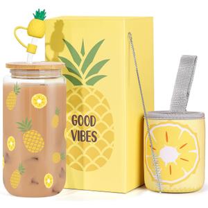 Dosuarue Pineapple Shaped Mug Cup, 16 oz Cute Glass Tumbler with Lids and Straws - Can Shaped Drinking Glass - Christmas, Birthday Gifts for Women (Yellow)