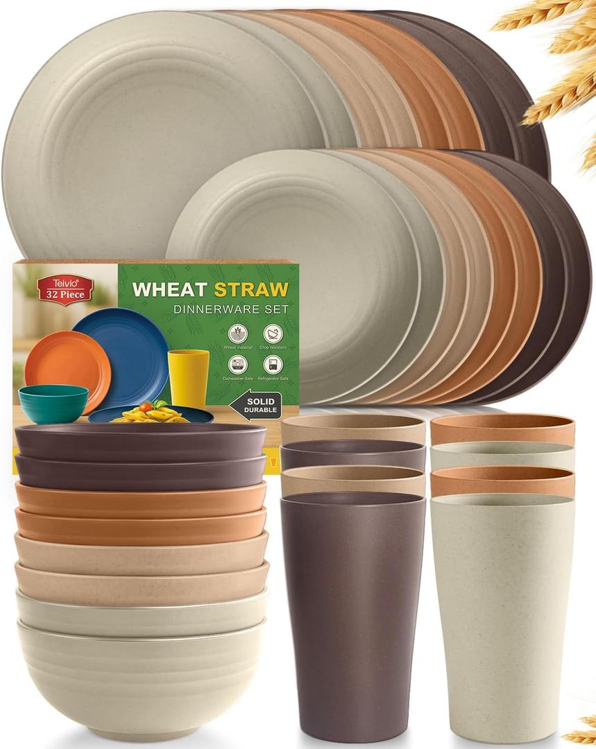 Teivio 32-Piece Kitchen Plastic Wheat Straw Dinnerware Set, Service for 8, Dinner Plates, Dessert Plate, Cereal Bowls, Cups, Unbreakable Colorful Plastic Outdoor Camping Dishes, Desert