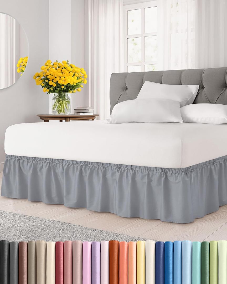 Wrap Around Dust Ruffle Bed Skirt - Steel Blue - for Queen Size Beds w/ 15 Inch Drop - Easy Fit Elastic Strap - Adjustable Pleated Bedskirt w/Brushed Fabric - Wrinkle Free, Women, Men, Kids & Teens
