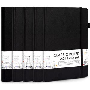5 x 5 Pack Journal Notebook Bulk for School, Feela Hardcover Business Notebooks Classic Ruled Lined Journals with Pen Holder for Work Note Taking, with 5 Black Pens, 120 GSM, 5.1x8.3, A5, Black
