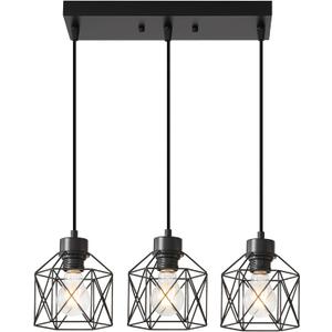 3-Light Hanging Pendant Light Fixtures, Farmhouse Kitchen Island Light Fixture, Industrial Hanging Pendant Lighting for Dining Room Bedroom Hallway, Black Metal Cage Pendant Lamp, E26 Base