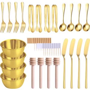 Gold Charcuterie Boards Accessories(26 PCS), Gift Box Packaging, With Ceramic Dip Bowls, Wooden Handle Cheese Spreader Butter Knive Set, Mini Tongs, Spoons, Forks,Honey Dipper, Cocktail Picks