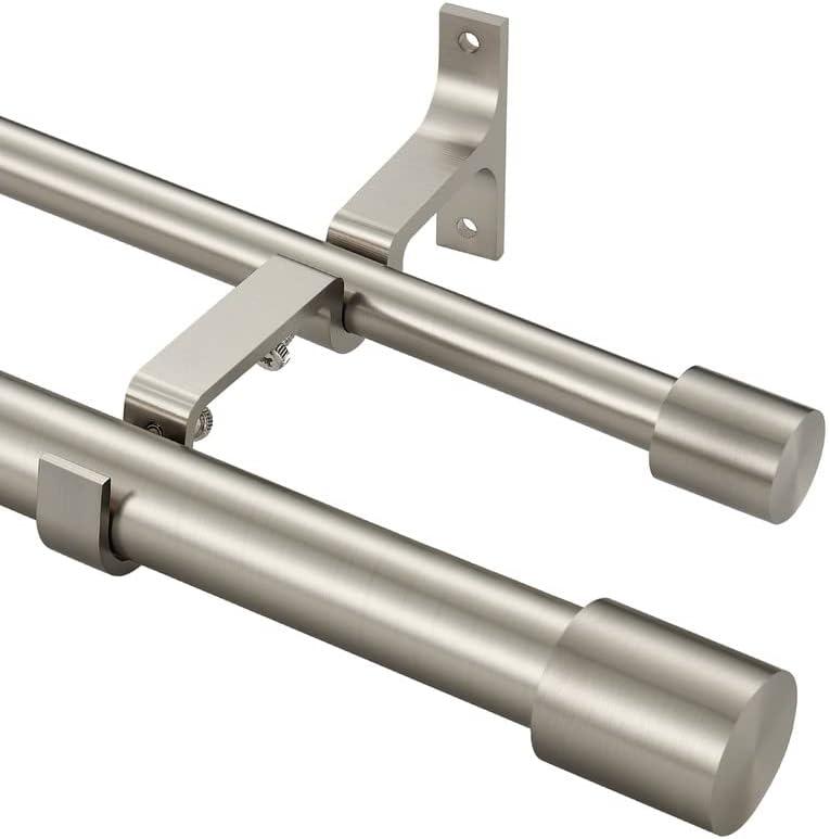 Double Curtain Rods 72-144", Brushed Nickel Double Curtain Rods with Cap Finials, Adjustable Double Window Rods, 1 Inch Front and 5/8 Inch Back Double Drapery Rod, Brushed Nickel Dual Curtain Rods (72-144", Brushed Nickel)
