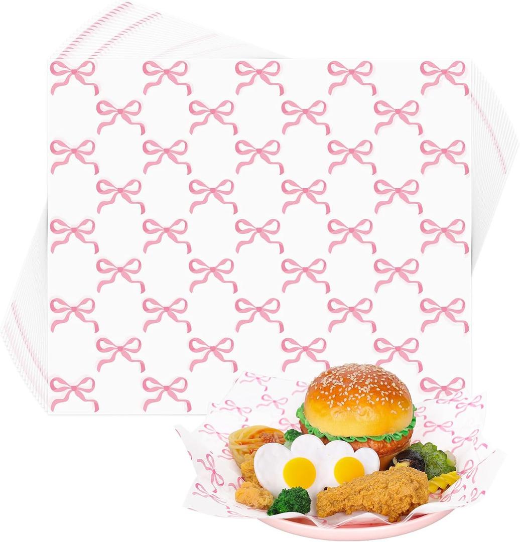 150 Sheet Pink Bow Wax Paper Coquette Ribbon Bow Deli Paper Cute Wrapping Tissue Basket Liners for Home Kitchen Restaurant Baking
