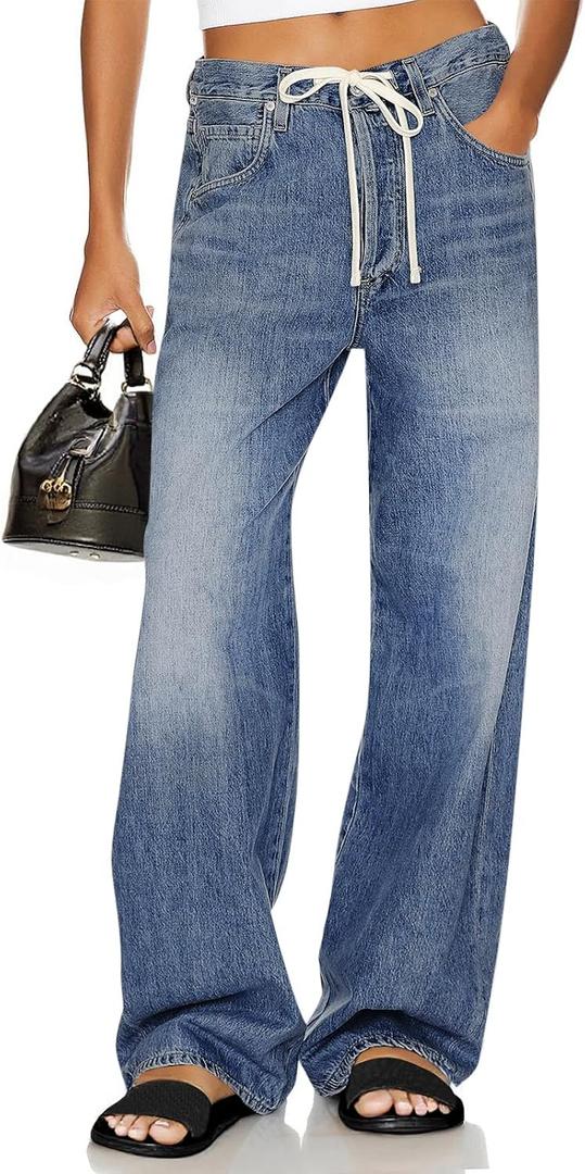 Cicy Bell Womens Wide Leg Jeans Drawstring High Waisted Baggy Straight Leg Jeans Trendy Boyfriends Denim Pants with Pockets (Blue)