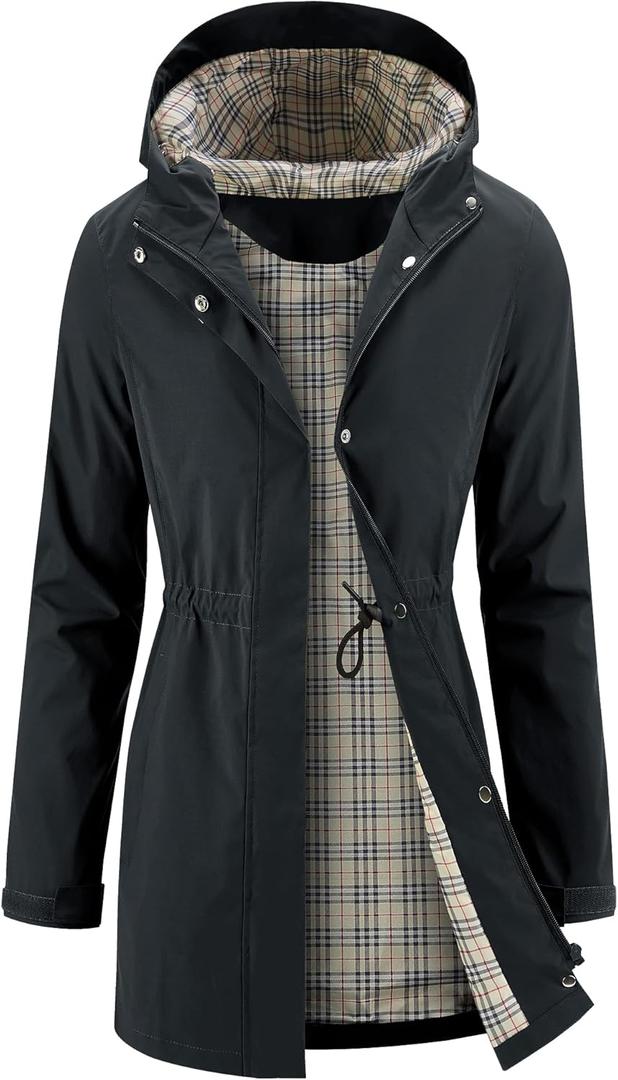 iCreek Women's Rain Jacket Long Raincoat Packable Hooded Waterproof Windproof Plaid Lined Trench Coat Lightweight for Outdoor (Dark Grey, S)
