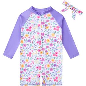 Funnycokid Baby Girls One Piece Swimsuit Rash Guard Zipper Bathing Suit UPF 50+ Sun Protection Swimwear with Headband 3-4T