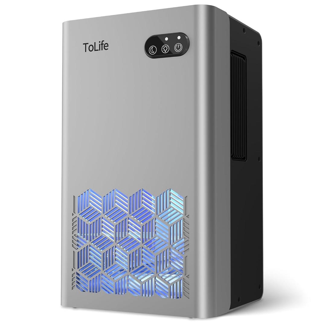 ToLife Dehumidifiers for Home 95 OZ Water Tank, 1000 sq.ft Dehumidifier for Basement Bedroom Bathroom with Auto Shut Off 7 Colors LED Light, Silver