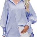 Women's Striped Oversized Button Down Shirt Wrinkle-Resistant Cotton Blend Blouse with Smocked Cuffs and Pocket (Blue, XXXL)