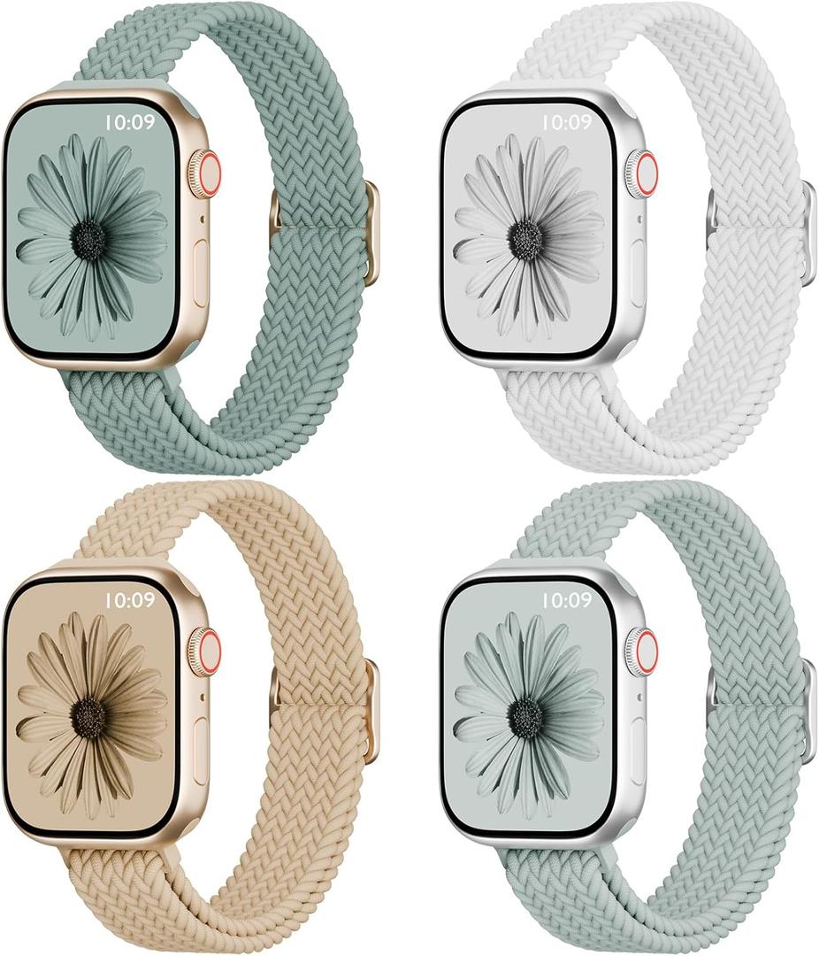 4 Pack Slim Braided Stretchy Compatible with Apple Watch Band Size: 38/40/41/42mm(Series 11/10) Women Men, Solo Loop Nylon Thin Strap for iWatch Series 11 10 9 8 7 SE 6 5 4 3 Ultra