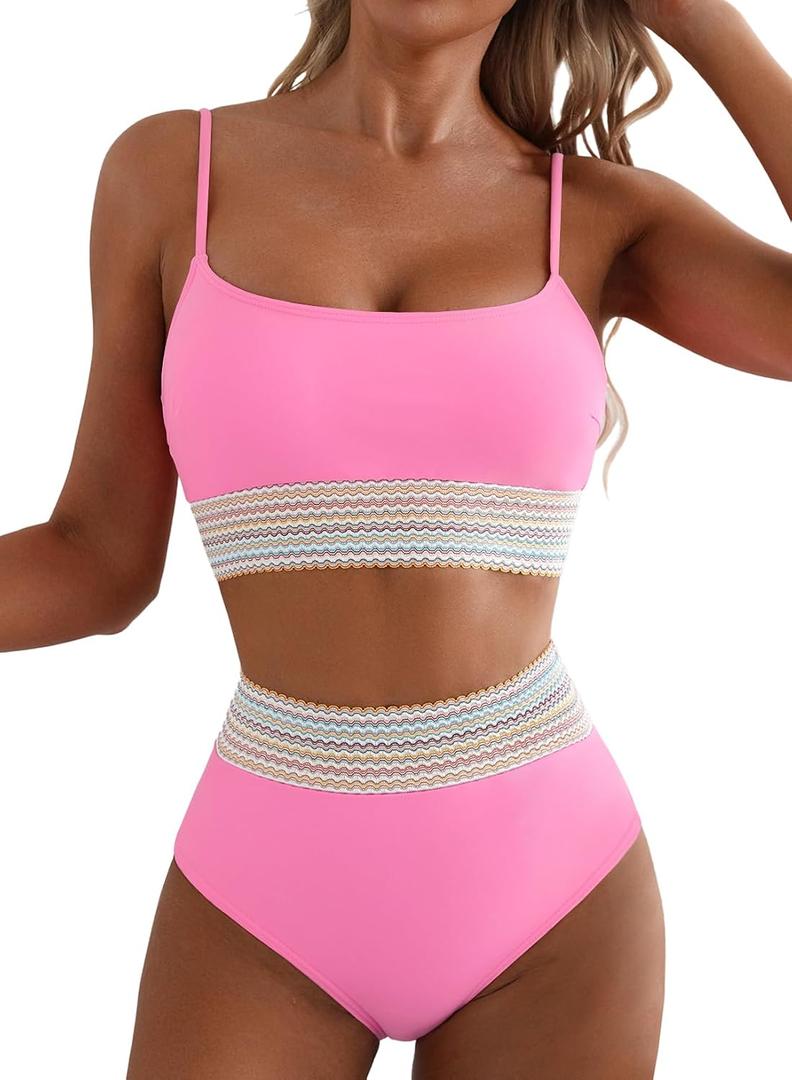Herseas Women's High Waisted Bikini Sets 2 Piece Tummy Control Swimsuits Full Coverage Bathing Suit Summer Beach Swim Wear (Pink, XS)