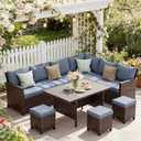 Wisteria Lane 7 Piece Patio Furniture Set, High Curved Back Wicker Patio Sectional, All Weather Outdoor Dining Set, Outdoor Furniture Patio Conversation Set with Ottoman, Blue