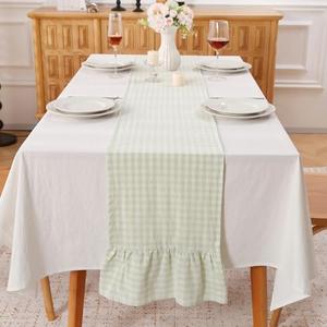 Pile Green White Plaid Gingham Ruffle Table Runner 108 inches Long 100% Washed Cotton Decorative Farmhouse Cabinet Cover (Pile Green, 108"x13")