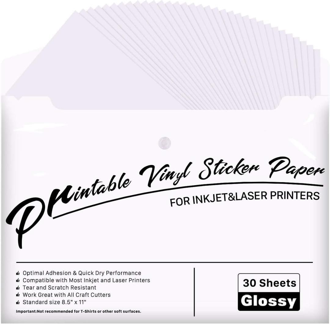 JANDJPACKAGING Printable Vinyl for Inkjet & Laser Printer - 30 Pack Printable Vinyl Sticker Paper Glossy White - Standard Letter Size 8.5"x11"