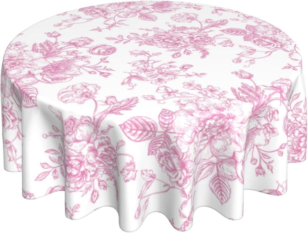 Pink Floral Tablecloth 60 Inch Round Vintage Chinoiserie Flower Table Cloth Spring Decorative Polyester Stain Resistance Round Table Cover for Party Picnic Kitchen Decoration Outdoor Indoor