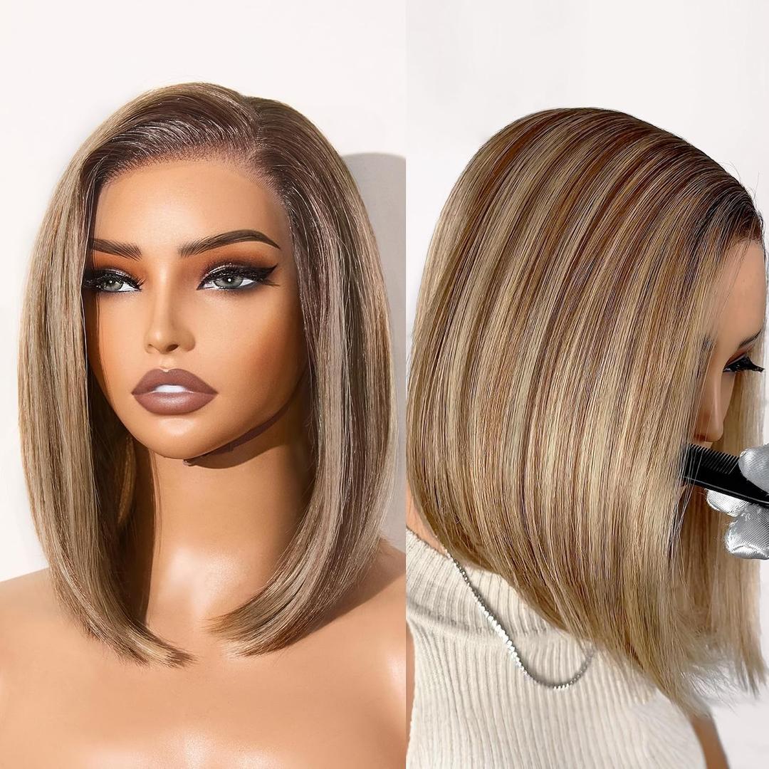 GORGIUS Blonde Bob Wig with Highlights Glueless Straight Short Synthetic Lace Front Wigs For Women Pre Cut Pre Plucked Side Part Hairline 12 Inch