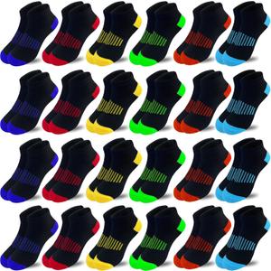 Boy Socks 24 Pairs Ankle Athletic Cotton Socks Half Cushioned Low Cut Sock Ankle Athletic Cotton Sock (10-14 Years)