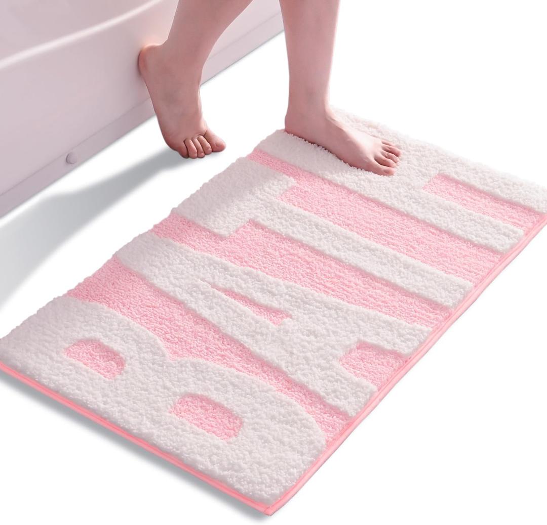 Pink and White Bathroom Rugs, Bath Letters Non Slip Bathroom Mat, Soft Absorbent Cute Bath Mat, Machine Washable Quickly Dry Comfortable Bathmat for Bathtub, Bedroom, Shower, Living Room (16 x 24 in)