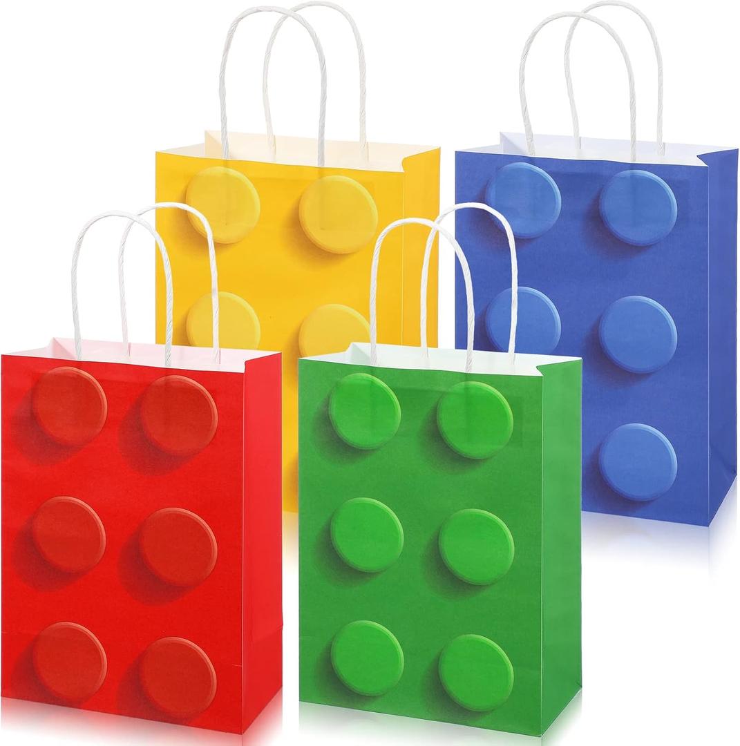 Sabary 24 Pcs Building Block Party Favor Gift Bags, Bricks Candy Treat Paper Bags, Gift Goodie Bag with Handle for Building Block Birthday Party Baby Shower Decoration Supplies
