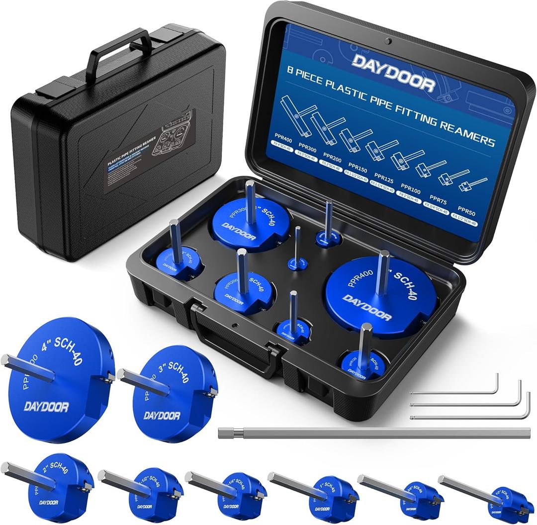 DAYDOOR 8-Piece PVC Pipe Reamer Kit with 1/2", 3/4", 1", 1-1/4", 1-1/2", 2", 3", 4" Heads, 4-Sided Carbide Aluminum Reamer Tool, Plumbing Tools for Schedule 40 PVC, CPVC or ABS