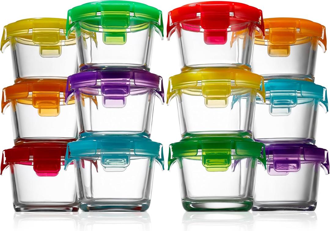 NutriChef 24-Piece (12 Glass Food Storage Containers and 12 Lids), 4.48oz Mini Stackable Meal Prep Round Containers - Microwave, Freezer, & Dishwasher Safe For Food, Snacks, Fruits, Nuts & More