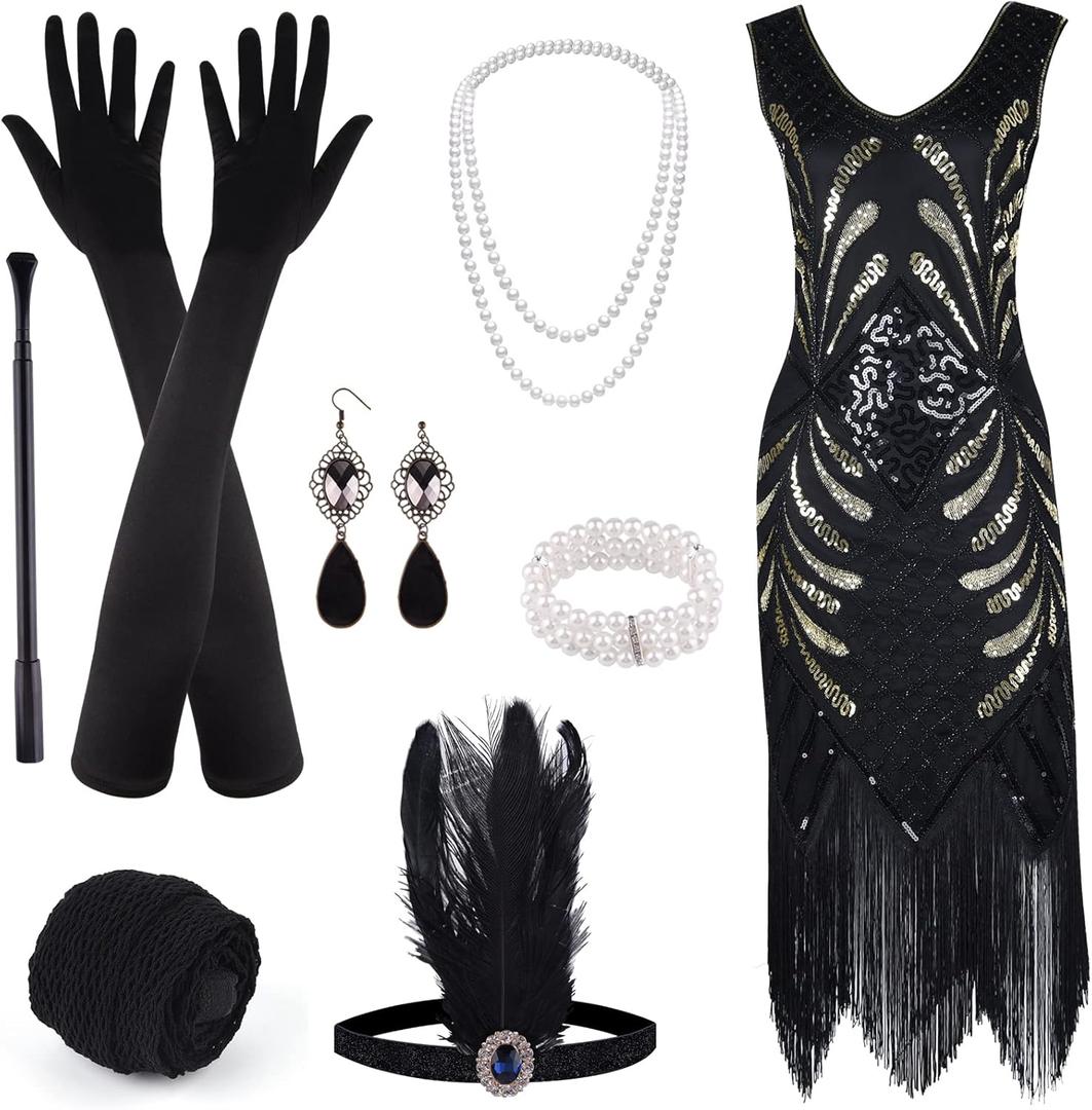 ELECLAND 1920s V Neck Sequin Beaded Fringed Dress with 20s Accessories Set (Large, Black)