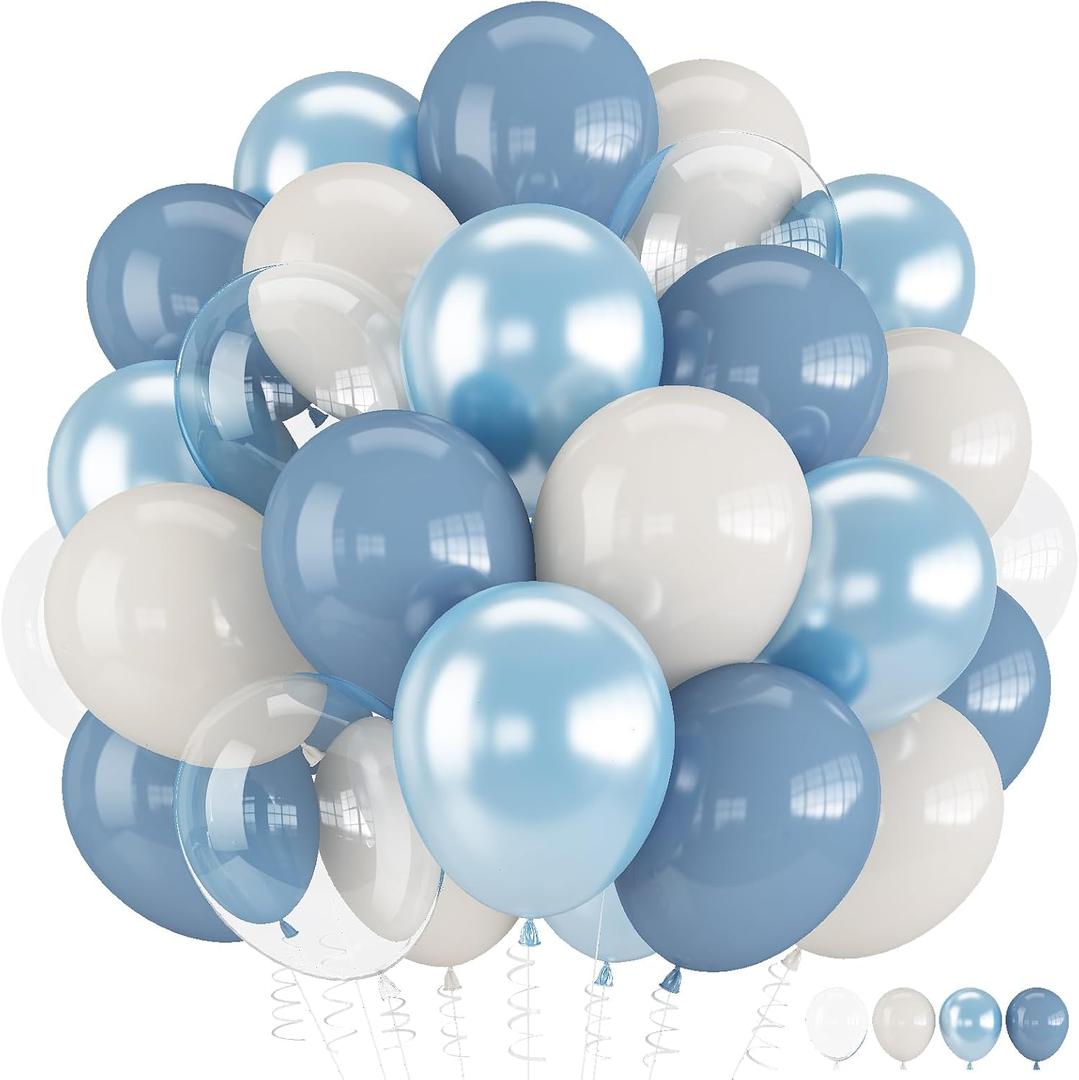 Dusty Blue Balloons, 12 inch Double Stuffed Dusty Pearl Light Blue Sand White Clear Balloon for Winter Wonderland Boho Wedding Birthday Boys Baby Shower Birdal Bachelorette Engagement Party Decoration