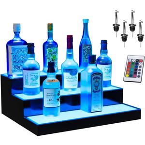 Boss Premium BarUSA LED Lighted Bar Shelf Display Liquor Bottle Alcohol Whiskey Shelves Rack Stand Tray Units for Home Bar Living Room Accessories and Decor - Designed in USA (3-Step, 16 Inch) (Acrylic)