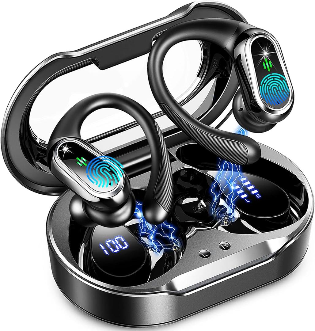 Wireless Earbuds, 2025 Bluetooth 5.4 Headphones Sport, 50Hrs HiFi Stereo Deep Bass Over-Ear buds with ENC Noise Cancelling Mic, IP7 Waterproof & LED Display Earphones with Earhooks for Workout/Running (Eternal Black)