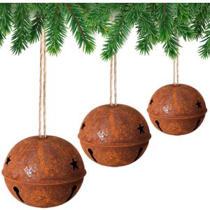 Tandefio 3 Pcs Giant Vintage Christmas Bells Christmas Tree Ornaments Set of 5.5" 4.7" 4" Large Rusty Metal Jingle Decorative Bells with Jute Hanging Rope for Door Knob Home Garden Decor DIY Craft