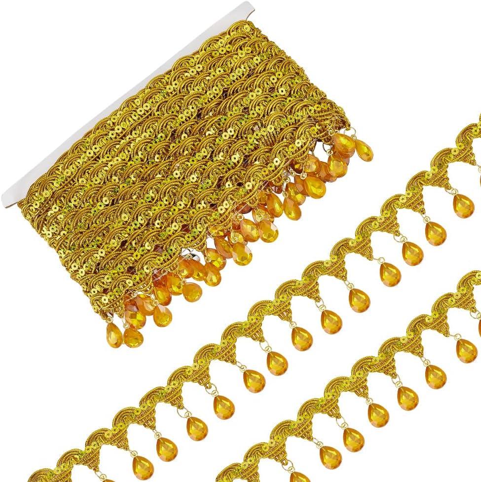 FINGERINSPIRE 9.8Yards(9m) Hanging Beads Fringe Lace 1.9inch Wide Gold Rhinestone Bead Fringe Trim Polyester Sewing Fringe Tassel Trim by The Yard for Handmade DIY Clothing Curtain Decoration