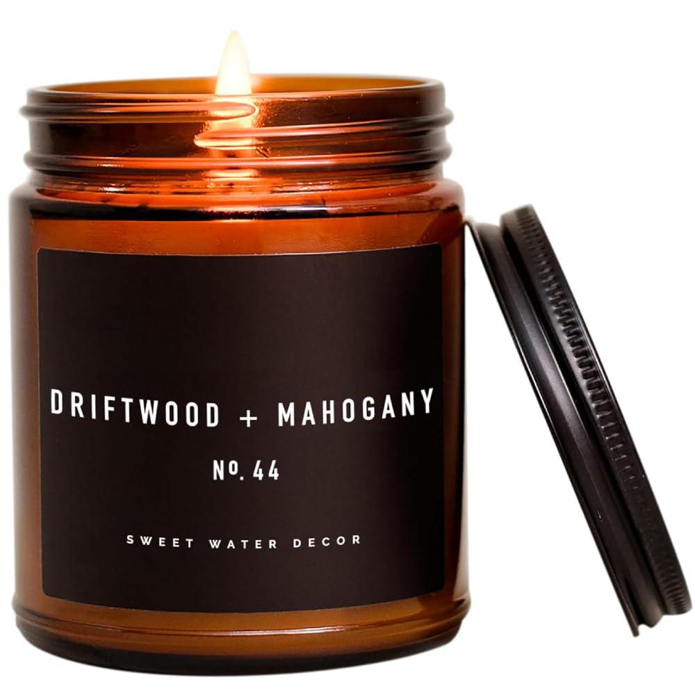 Sweet Water Decor Driftwood and Mahogany Candle - Mahogany, Lavender, Wood, and Geramium Scented Candle for Home - 9oz Amber Jar, 40 Hour Burn Time, Made in The USA (Black Label)