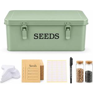Seed Storage Box, Metal Seed Bin Seed Storage Organizer, 4 Dividers Seed Container with Safety Lock, Seed Box with Professional All-in-one Kit, Green