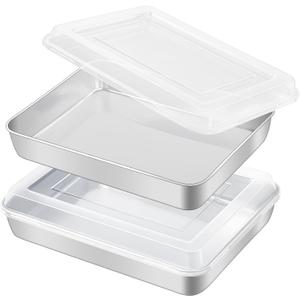 GIUOIDUO Premium Stainless Steel Baking Pan with Lid (2 Pack) Rectangular Cake Pan, Heavy Duty Metal Bakeware for Lasagna, Brownie, Food Storage Container, Dishwasher Safe & Non-Toxic
