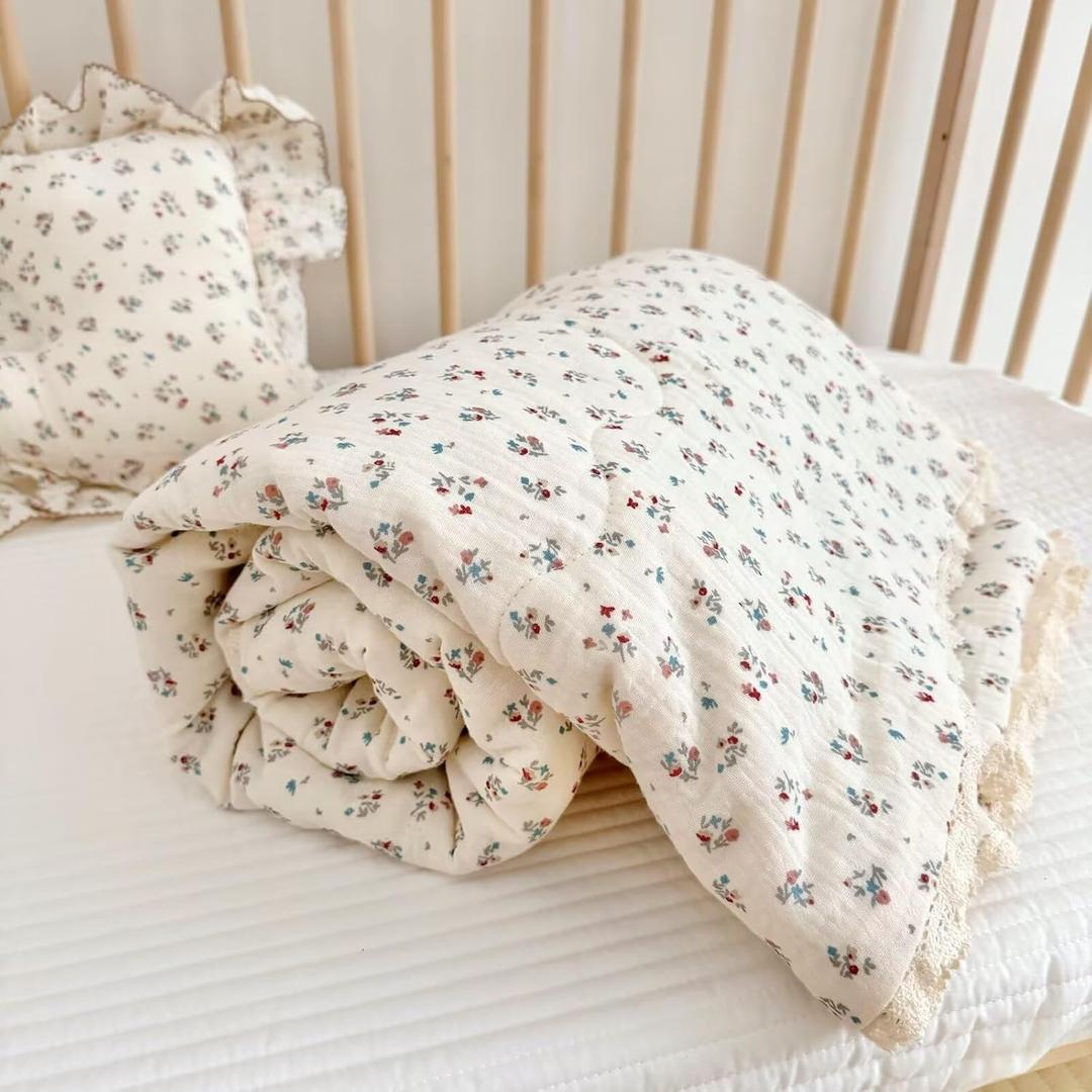 BuLuTu Elegante manta de muselina floral para nios y nias, manta de cama con bordes de encaje, suave y ligera, edredn para cuna para todas las estaciones, 47 x 59 pulgadas