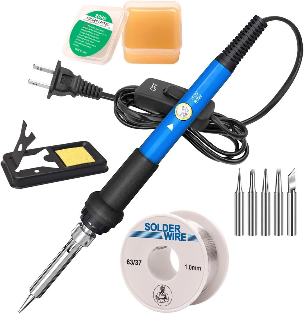 LDK 60W Soldering Iron Kit, 110V Soldering Iron with 5 Solder Tips, Solder Wire, Adjustable Temperature Solder Welding Tools, Fast Heating, Electronic Repair, Permanent Jewelry Starter Kit (Blue)