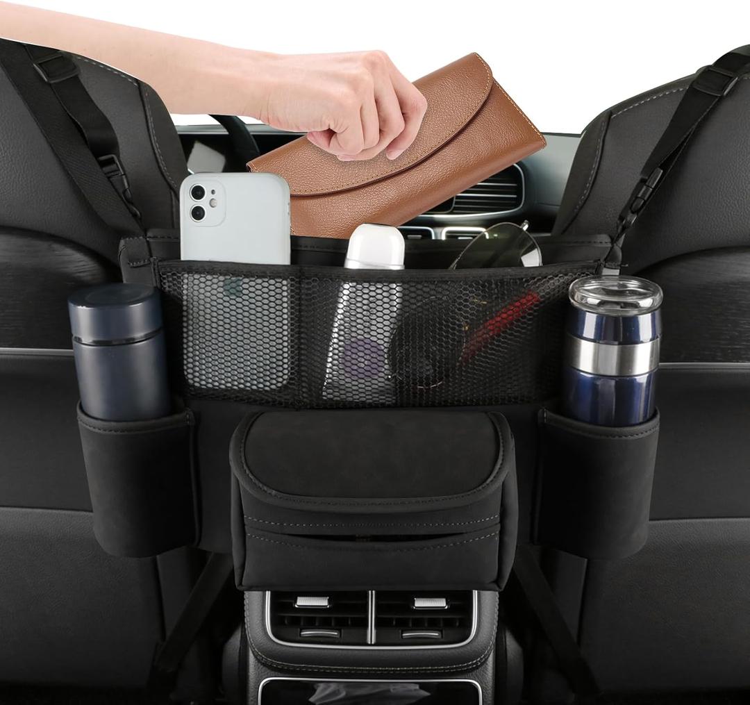 Leather Car Seat Organizer for Handbag/Purse Fits Between Front Seats, Holds Wallet, Phone & Essentials. (Modle A/Black)