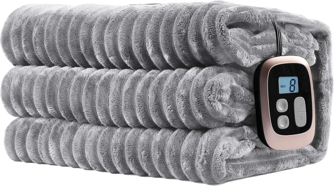 Electric Heated Blanket Twin-Size 62x84 Inch - Ultra Soft Silky Flannel with Ribbed Texture, 10 Heating Levels and 12 Hours Auto-Off Feature - Gray