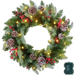 24 Inch Prelit Christmas Wreath, Artificial Christmas Wreath for Front Door with LED Lights, Pine Cones, Pine Needles, and Red Berries, Reef for Door Window Mantel Indoor/Outdoor Home Decoration (H76780-02)