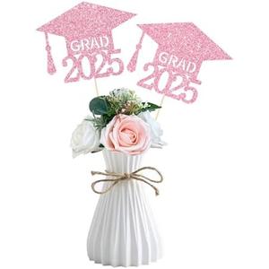 Class of 2025 Graduation Centerpieces for Tables, 2025 Graduation Glitter Double-Sided Cap Table Decorations Party Centerpiece Sticks Table Topper Party Favors Supplies(10 PCS, Pink) 3 Pack