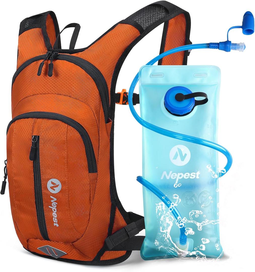 Nepest Hydration Pack Backpack for Women & Men, Lightweight Water Backpack with 2L Water Bladder for Hiking Cycling Running Biking (Orange)