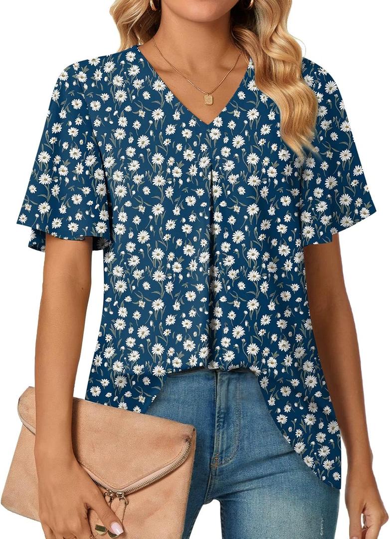 Anyally Womens Summer Dressy Chiffon Blouses V Neck Short Sleeve Tunic Tops for Leggings Casual T-Shirts L Anyally Womens Summer Dressy Chiffon Blouses V Neck Short Sleeve Tunic Tops for Leggings Casual T-Shirts L
