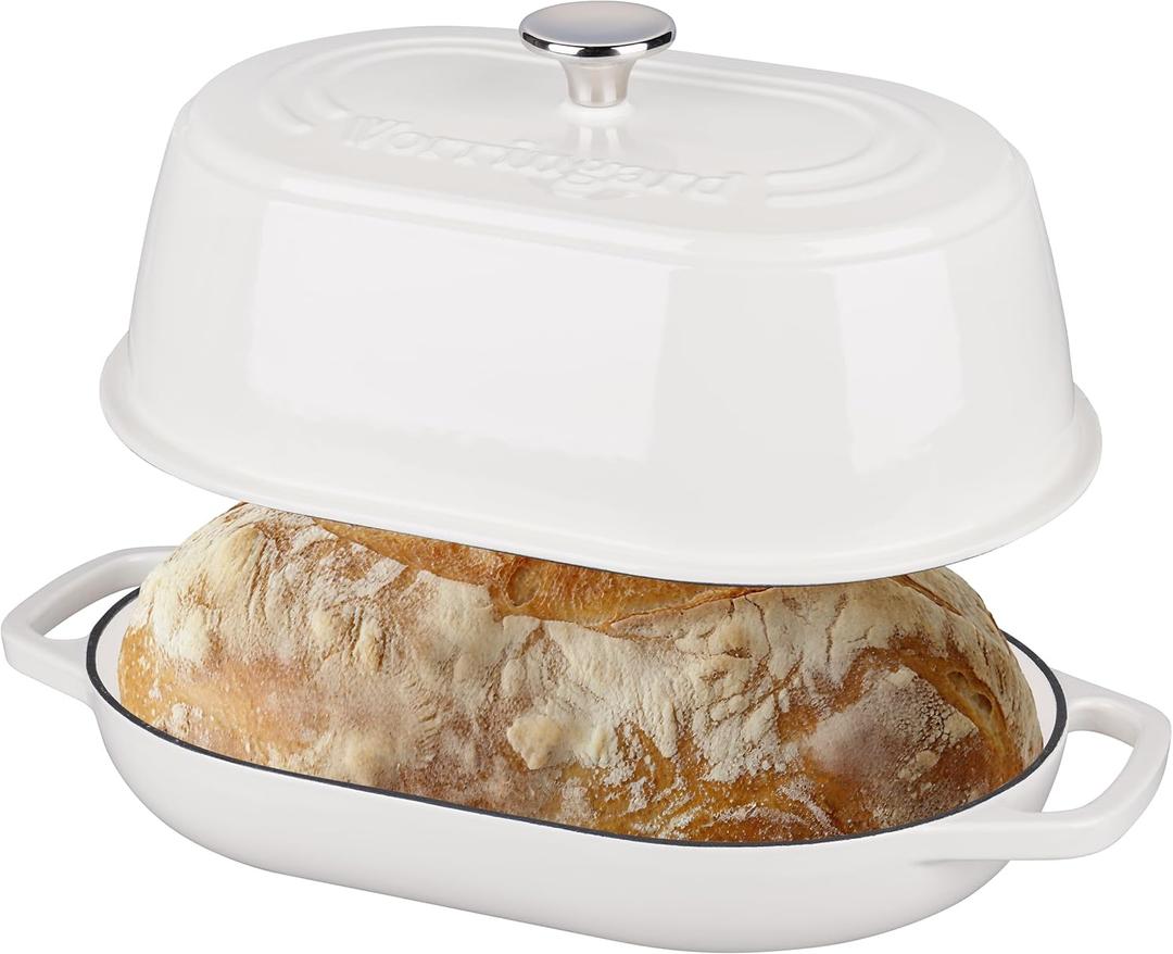 VORRINGARD Enameled Cast Iron Dutch Oven Pot with Dome Lid, Oval Bread Oven for Homemade Sourdough Bread Baking, Oven Safe up to 500F, 6 Quart, White