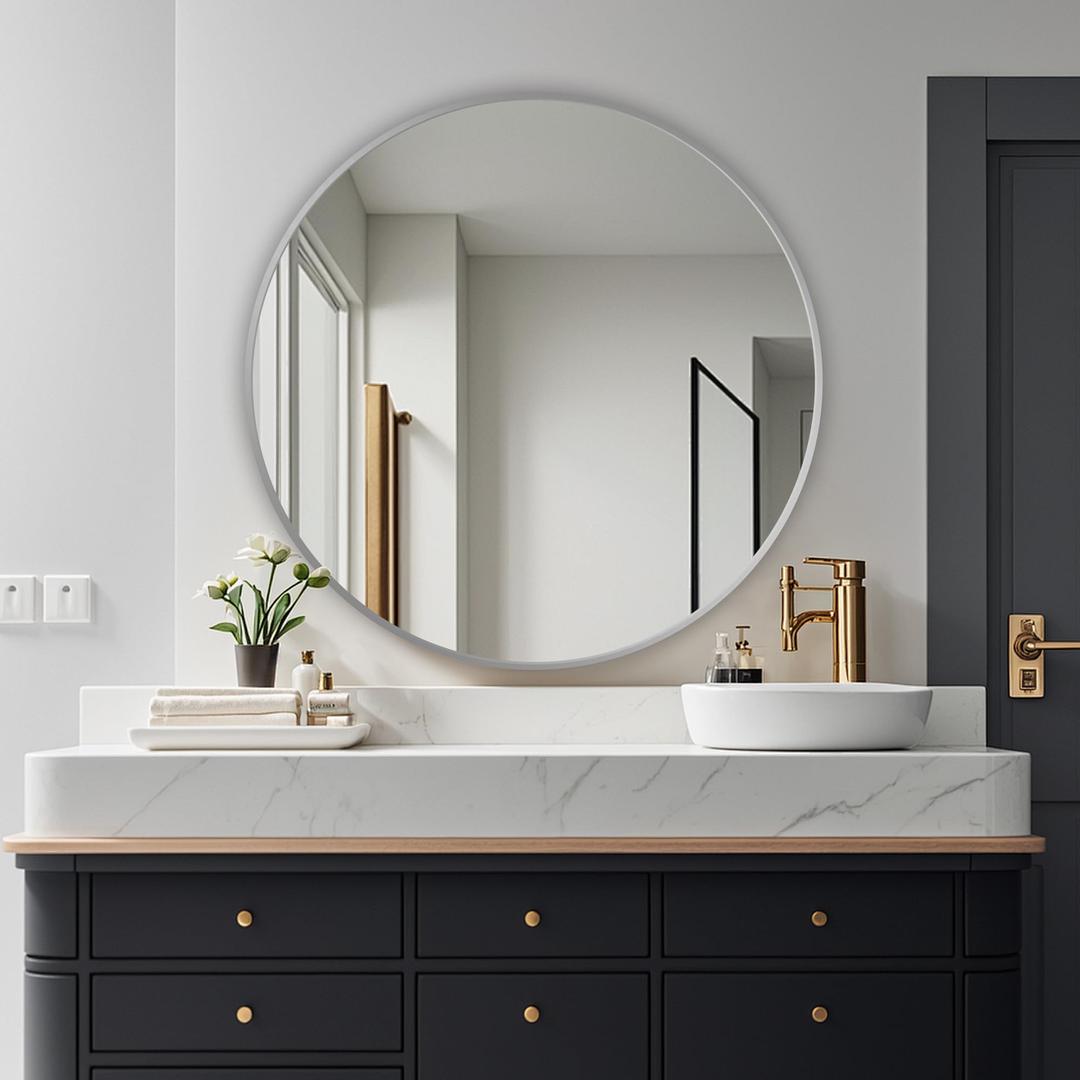 Round Mirror, Wall Mounted Circle Mirror-Brushed Metal Frame, 36", Silver