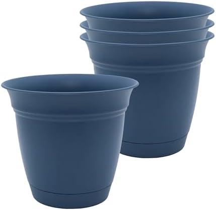 The HC Companies Eclipse Round Planter with Saucer - Outdoor & Indoor Plant Pot with Drainage Holes - Lightweight, UV-Resistant Plastic Pots for Plants, Flowers & Herbs (8" Slate Blue, Pack of 1)