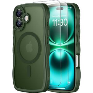 SPIDERCASE Magnetic for iPhone 16 Case, [Curly Wave Edge] with [2 Tempered Glass Screen Protector] [Full Camera Protection] Anti-Fingerprint Anti-Scratch Case for iPhone 16 6.1”, Green