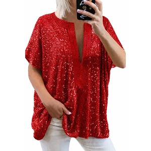 Dresstells Womens Sequin Tops Velvet Glitter Party Short Sleeve Sparkle Blouses V-Neck Sequence Shirts XL