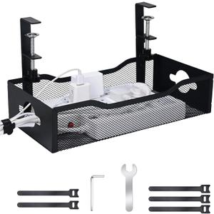 Large Under Desk Cable Management Tray - Heavy Duty Metal Cord Organizer with No Drill Installation for Office & Home Office Desks to Hide Wires & Power Strips (Black, XL)